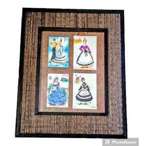 Elsi Gumier Rare Framed Silk Embroidered Postcards Emphemera Vintage 16.5x21 in